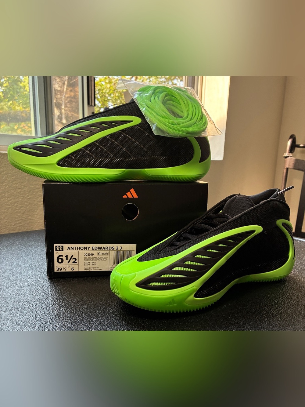 adidas Anthony Edwards 2 J Black and Neon Green Youth Basketball Shoes